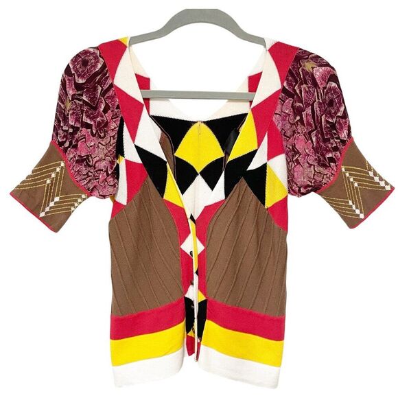 Just Cavalli Knit & Silk Mixed Fabric Brown Short Puffed Sleeve V Neck Cardigan - Picture 1 of 11